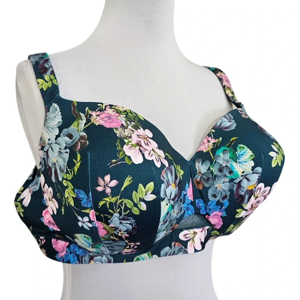 Cacique 46DD Lightly Lined‎ Balconette Floral Underwire Bra Teal Pink Blue